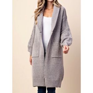 Stone Puff Sleeve Long Sweater Cardigan